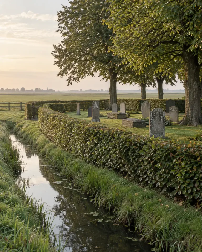 Dorpsbegraafplaats in Bergambacht met grafstenen achter een lage haag langs een sloot