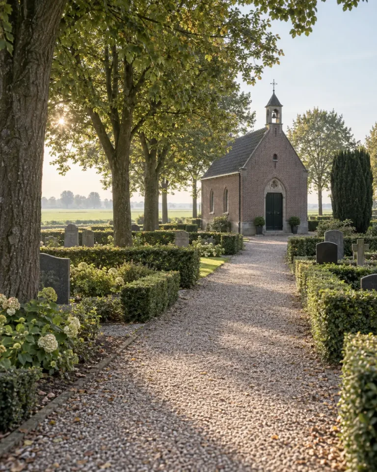 Groene begraafplaats met een kleine kapel en een grindpad