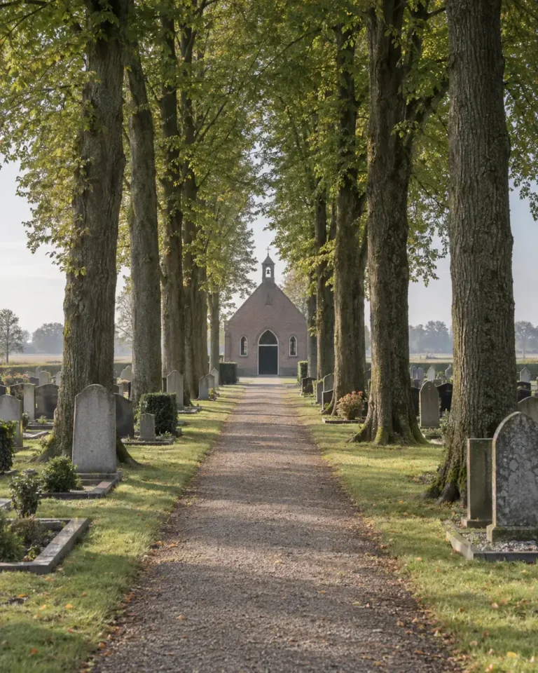 Begraafplaats in Montfoort met een laan van hoge bomen naar een kleine kapel
