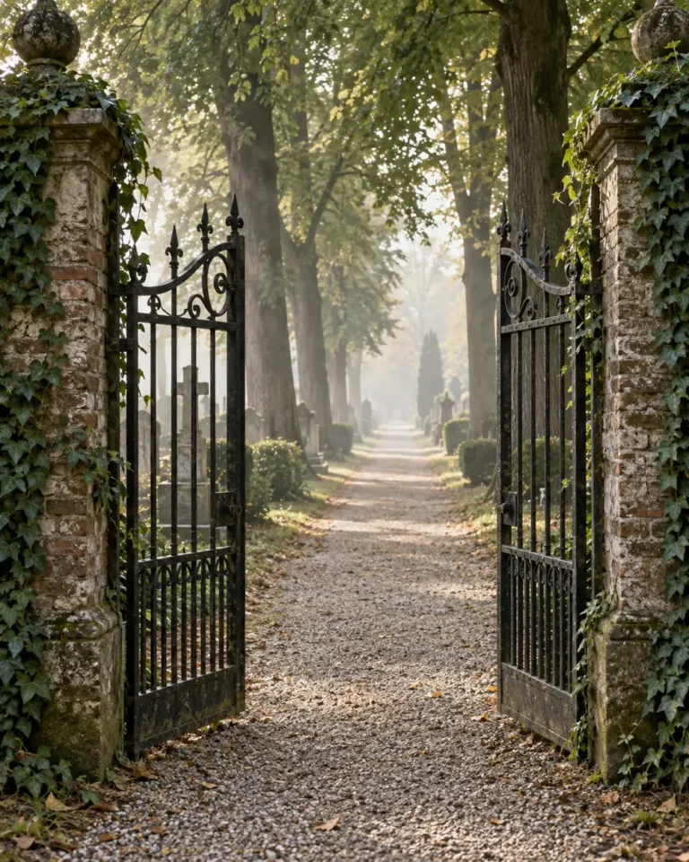 Smeedijzeren toegangshek van een begraafplaats in de ochtendnevel