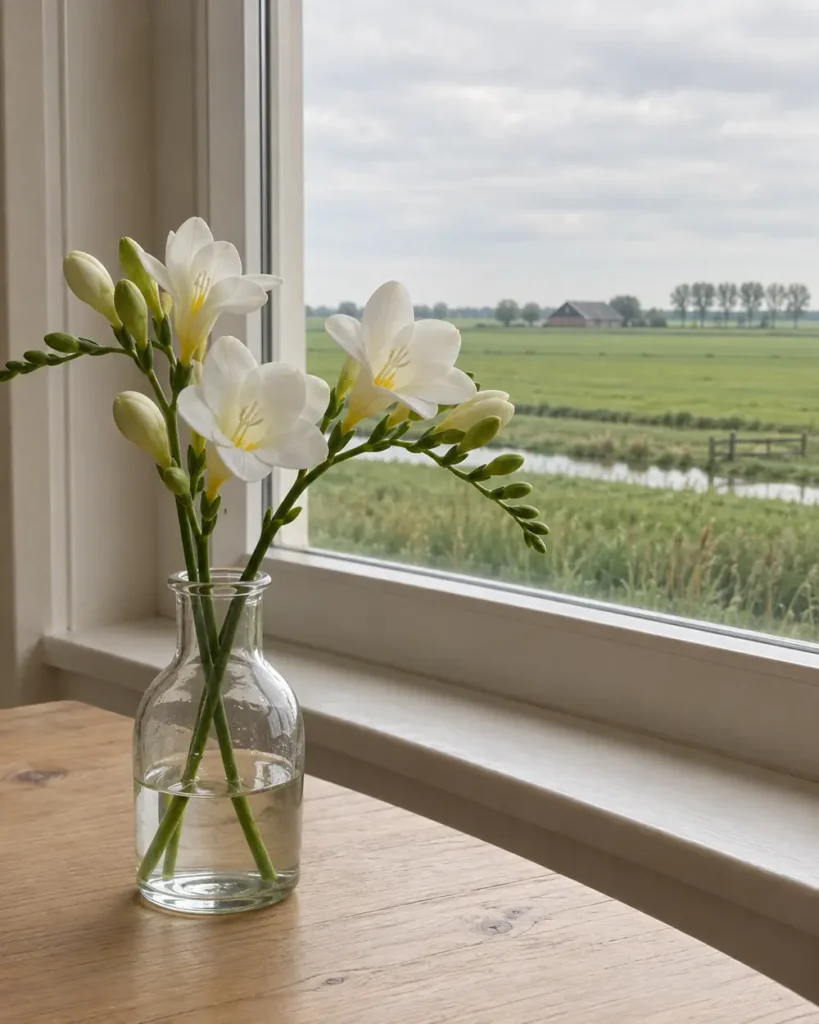 Witte fresia's in een glazen vaasje bij een raam met uitzicht op de polder
