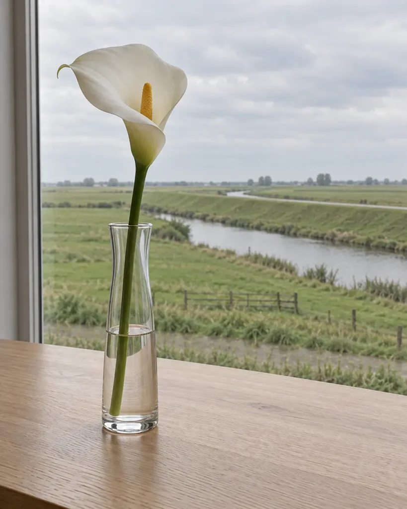 Witte calla in een glazen vaas bij een raam met uitzicht op de dijk