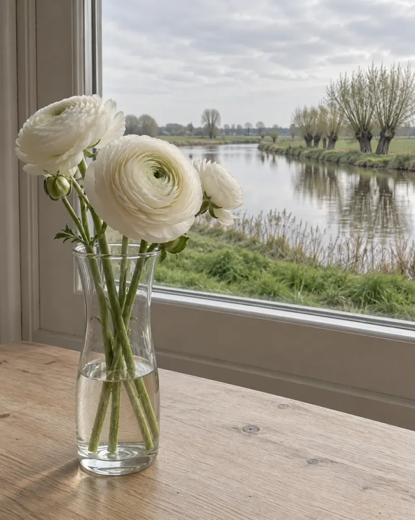 Witte ranonkels in een glazen vaas bij een raam met uitzicht op de IJssel en knotwilgen