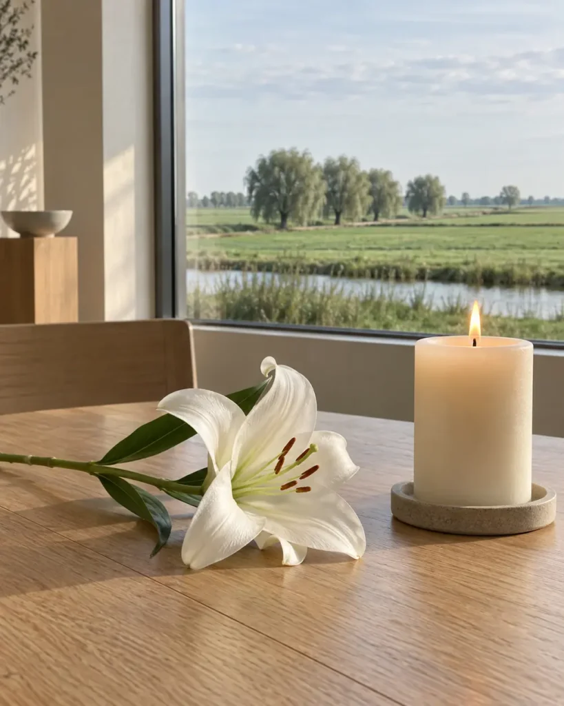 Witte lelie en een brandende kaars bij een raam met uitzicht op de polder