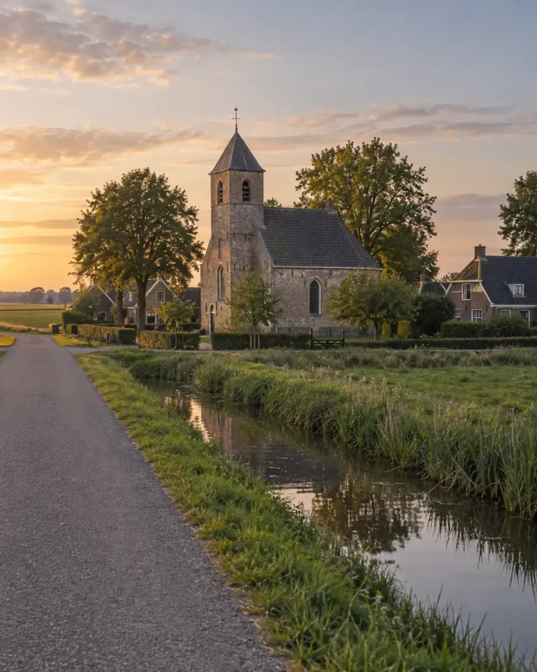 Oude dorpskerk met bakstenen toren aan een weg langs de sloot bij zonsondergang
