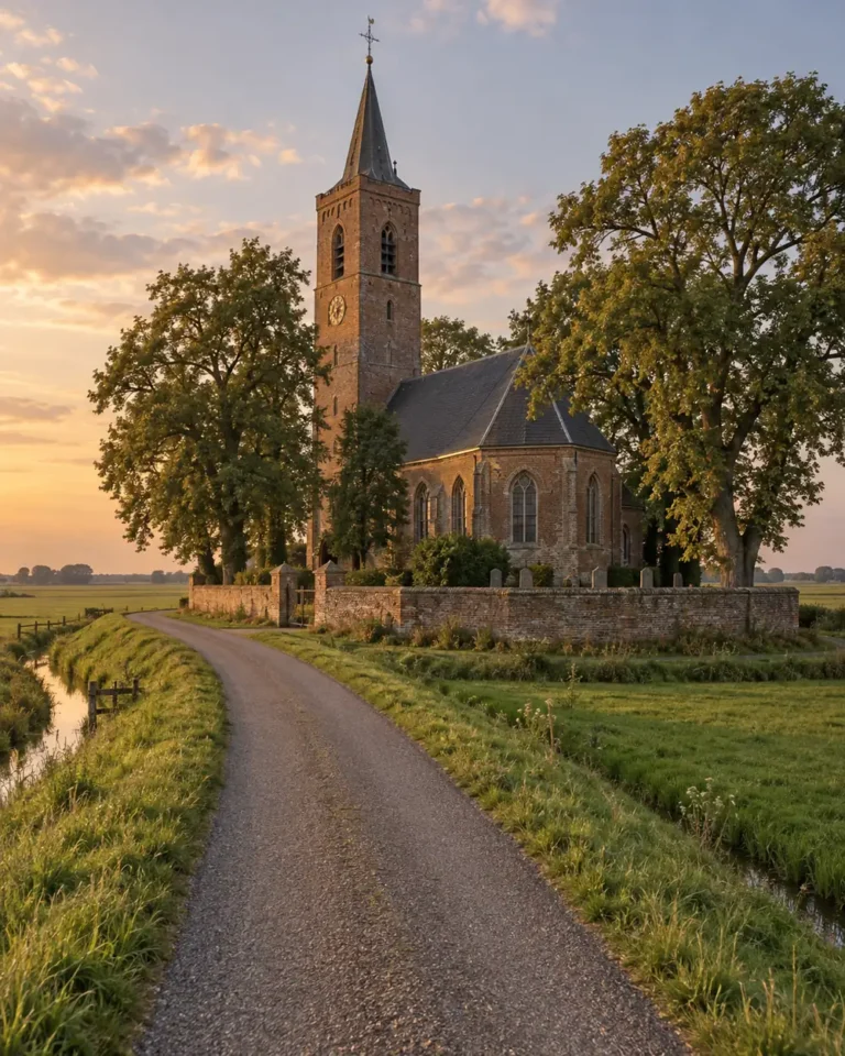 Dorpskerk met hoge bakstenen toren en kerkhofmuur aan een dijkweg in de Krimpenerwaard