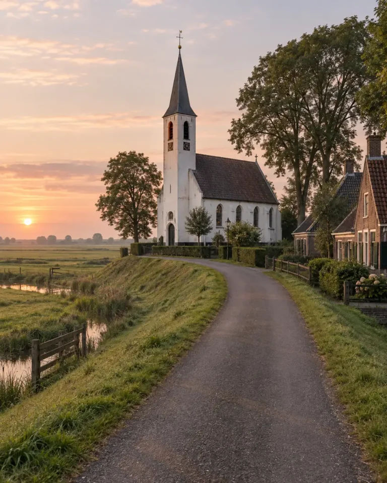 Witte dorpskerk aan een dijkweg bij zonsopkomst