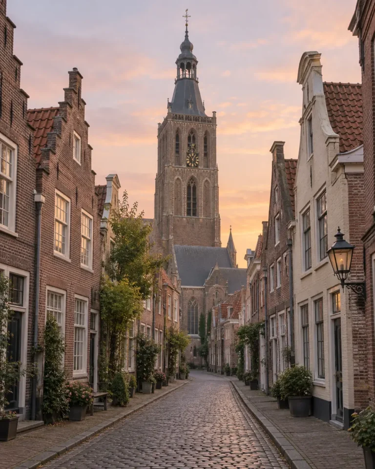 Kerktoren in een historische straat in de ochtend
