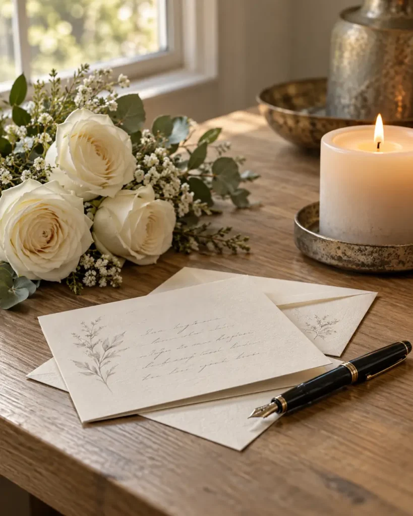 Rouwkaarten, een vulpen, witte rozen en een brandende kaars op een houten tafel