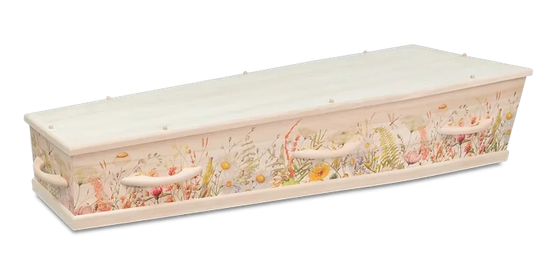 Lichte uitvaartkist met een print van veldbloemen
